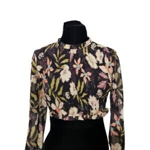 Lyn Burches Black Floral Smocked Stretchy Long Semi Sheer Sleeve Crop Top Small